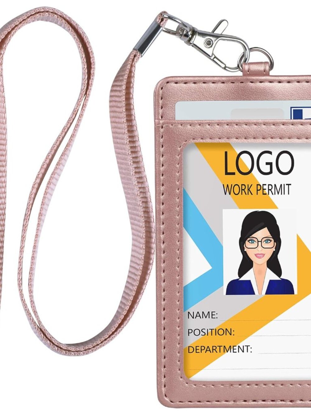 Leather ID Badge Holder with Lanyard, Vertical Rose Gold